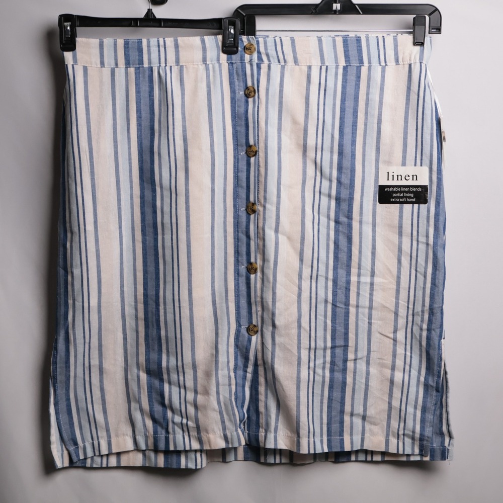 D.A.S.H. Linen Button Front Skirt Womens 3X Blue‎ White NWT Striped Midi